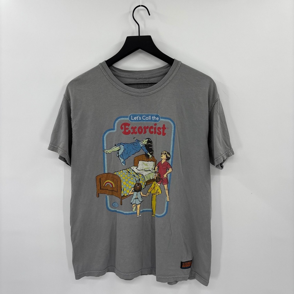 Steven Rhodes Let's Call the Exorcist T-Shirt Mens L Grey Graphic Retro Humor